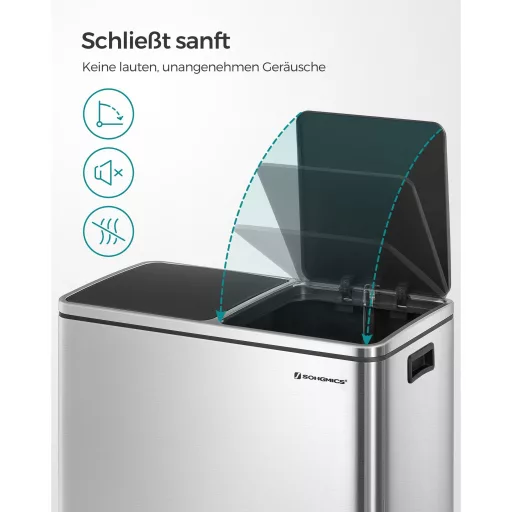 SONGMICS Dupla Szemetes, 2 x 30 L Két Rekeszes Konyhai Szemetes 15 Szemeteszsákkal, Fém Pedálos