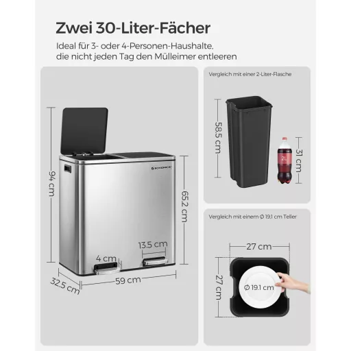 SONGMICS Dupla Szemetes, 2 x 30 L Két Rekeszes Konyhai Szemetes 15 Szemeteszsákkal, Fém Pedálos