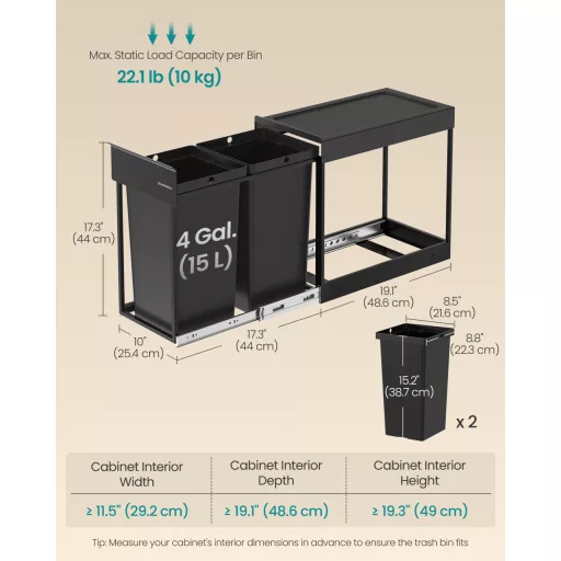 Szelektív szemetes kuka, beépített, 2x15L, acél, fekete