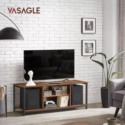 TV állvány, nyitott polcokkal, rusztikus barna és fekete 140x39x52cm