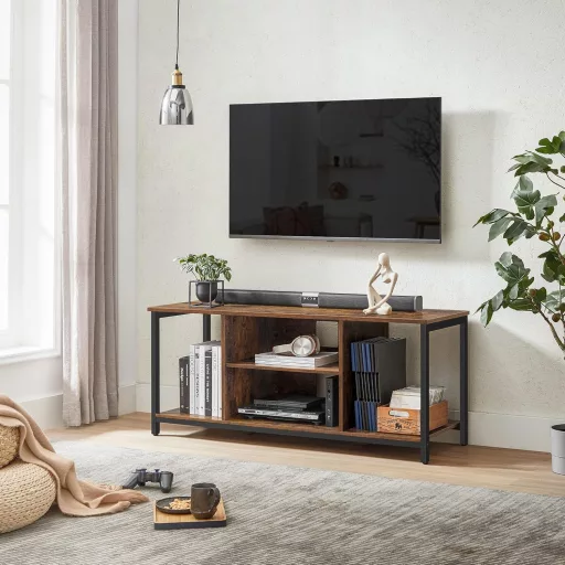 TV állvány, nyitott polcokkal, rusztikus barna és fekete 140x39x52cm