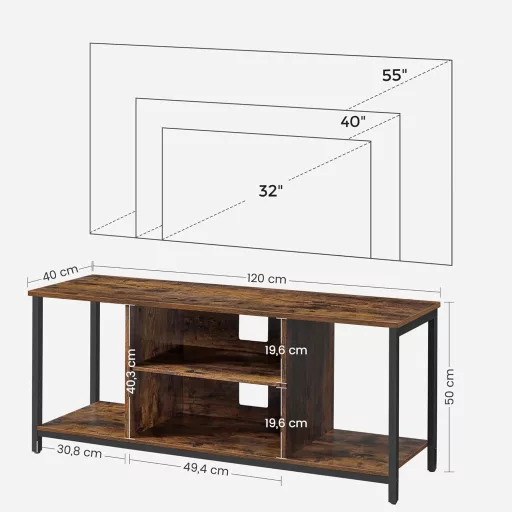TV állvány, nyitott polcokkal, rusztikus barna és fekete 140x39x52cm