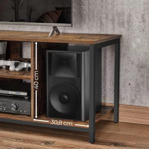 TV állvány, nyitott polcokkal, rusztikus barna és fekete 140x39x52cm