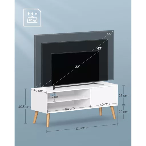 TV szekrény ajtóval és polcokkal, fehér 120x40x49cm