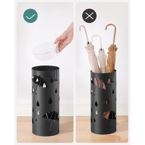 SONGMICS Esernyőtartó, Fém Esernyőállvány Előszobába, Víztálcával és 4 Akasztóval, 17 x