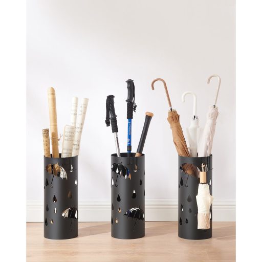 SONGMICS Esernyőtartó, Fém Esernyőállvány Előszobába, Víztálcával és 4 Akasztóval, 17 x