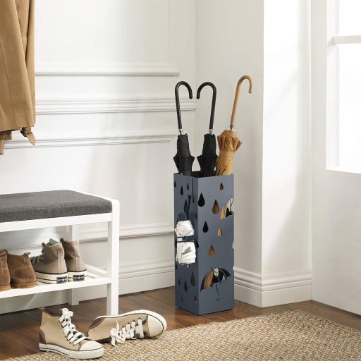 SONGMICS Fém Esernyőtartó, Négyszögletes Esernyőállvány Csepegtetőtálcával és 4