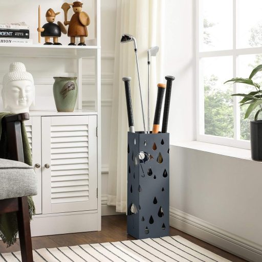 SONGMICS Fém Esernyőtartó, Négyszögletes Esernyőállvány Csepegtetőtálcával és 4