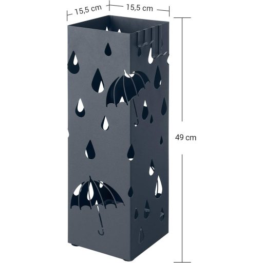 SONGMICS Fém Esernyőtartó, Négyszögletes Esernyőállvány Csepegtetőtálcával és 4