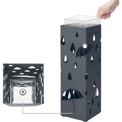 SONGMICS Fém Esernyőtartó, Négyszögletes Esernyőállvány Csepegtetőtálcával és 4