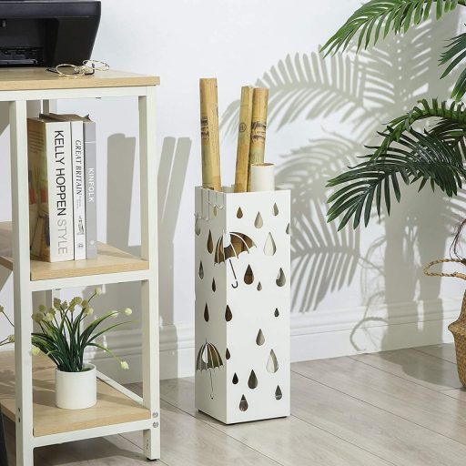 SONGMICS Fém Esernyőtartó, Négyszögletes Esernyőállvány Csepegtetőtálcával és 4