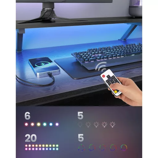 Sarok íróasztal, monitorállvánnyal, elosztóval, fiókokkal, fekete 150x120x89cm