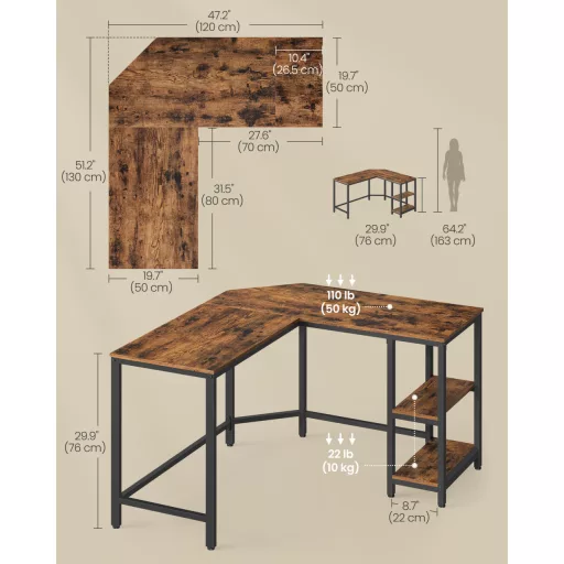 Sarok íróasztal, rusztikus barna 120x130x76cm, 2 polccal