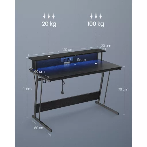 VASAGLE Gaming Asztal LED világítással és hálózati csatlakozóval, Gamer Asztal,