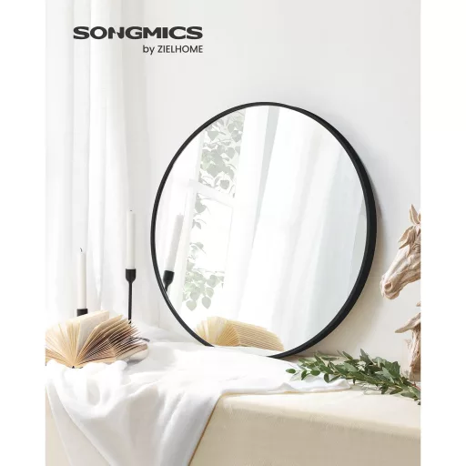 SONGMICS LWM102B01 Kerek Fali Tükör Fürdőszobai Tükör 61 cm Átmérőjű Fém Keret Nappaliba