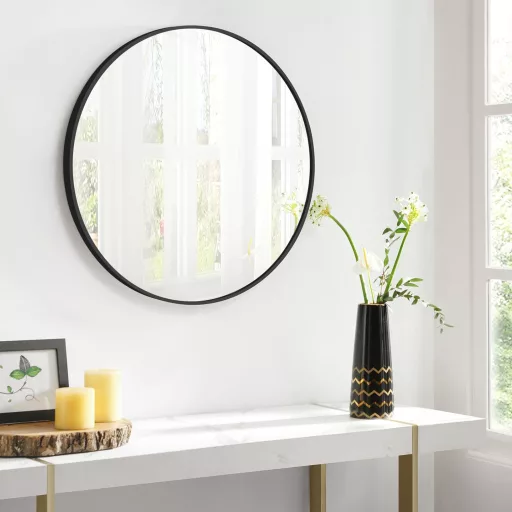 SONGMICS LWM102B01 Kerek Fali Tükör Fürdőszobai Tükör 61 cm Átmérőjű Fém Keret Nappaliba