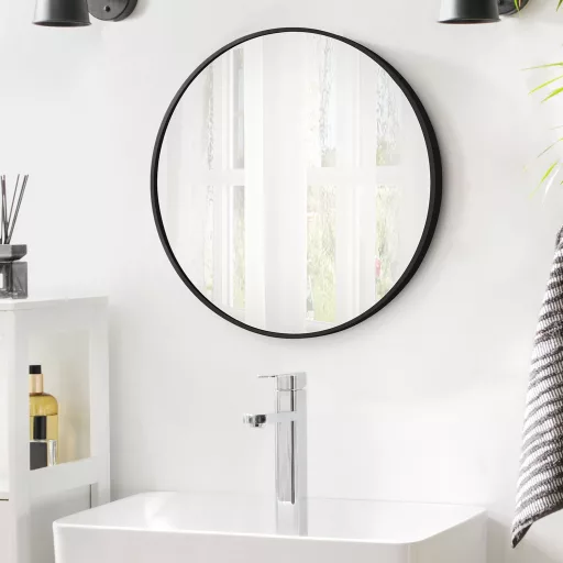 SONGMICS LWM102B01 Kerek Fali Tükör Fürdőszobai Tükör 61 cm Átmérőjű Fém Keret Nappaliba
