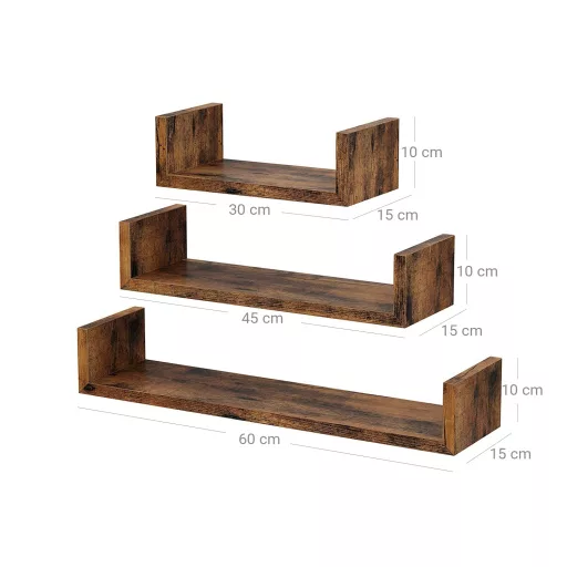 SONGMICS LWS066T01 3 darabos lebegő polc szett 30/45/60 cm fali polcok 10 kg teherbírással