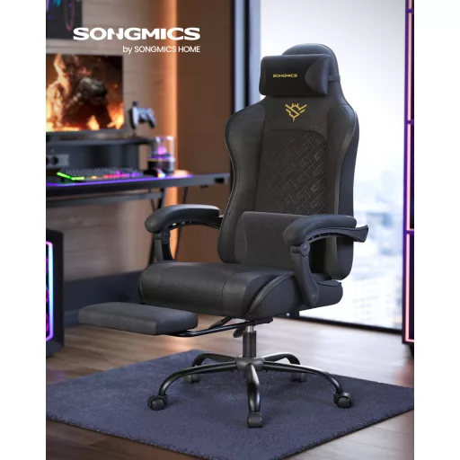 Irodai szék, gamer szék, ergonomikus, ülőpárnával, lábtámasszal, fekete PU szövet