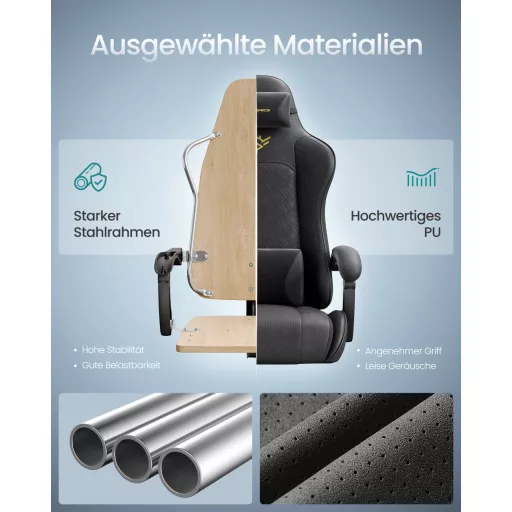 Irodai szék, gamer szék, ergonomikus, ülőpárnával, lábtámasszal, fekete PU szövet