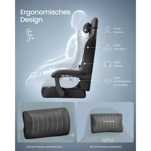 Irodai szék, gamer szék, ergonomikus, ülőpárnával, lábtámasszal, fekete PU szövet