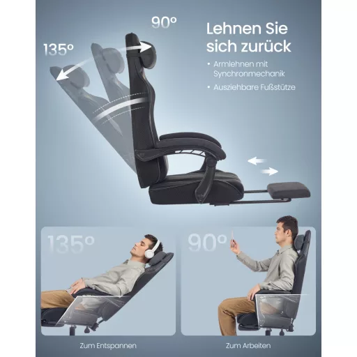 Irodai szék, gamer szék, ergonomikus, ülőpárnával, lábtámasszal, fekete PU szövet