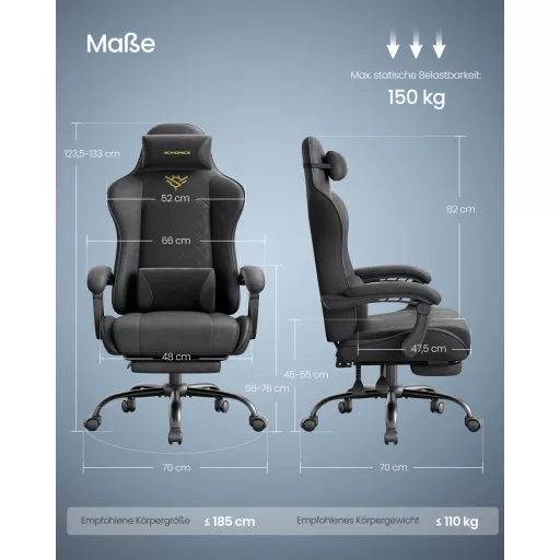 Irodai szék, gamer szék, ergonomikus, ülőpárnával, lábtámasszal, fekete PU szövet