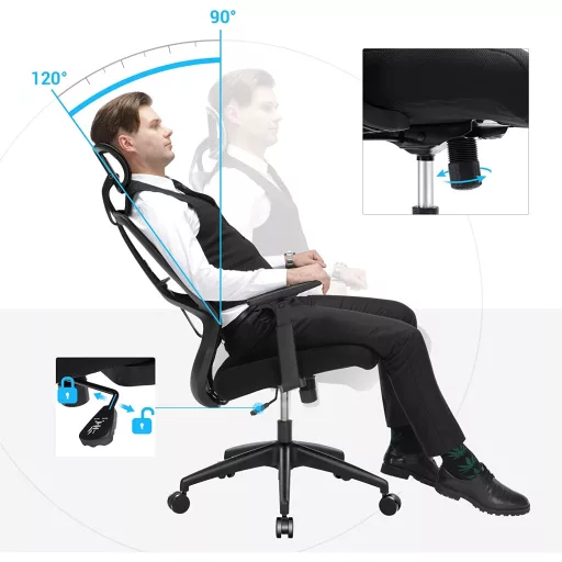 Irodai ergonomikus szék, deréktámasszal, fejtámasszal és hintázó funkcióval, fekete