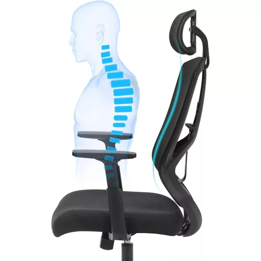 Irodai ergonomikus szék, deréktámasszal, fejtámasszal és hintázó funkcióval, fekete