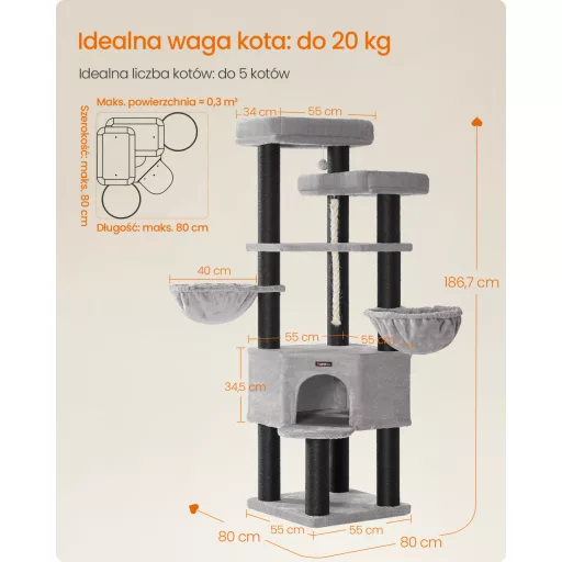Macska kaparófa, többszintes macskatorony, XXL, szürke és fekete 55x55x187cm