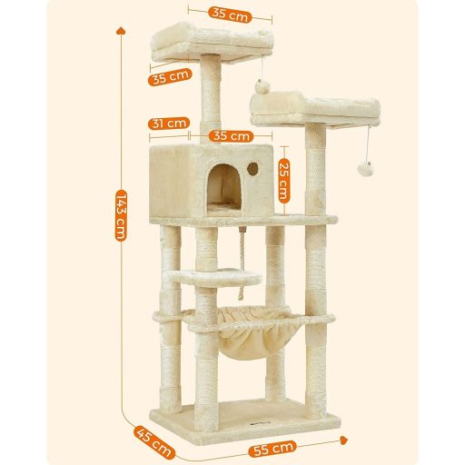 FEANDREA Macskafa, Stabil Macskatorony, 2 Plüss Pihenőhely, 143 cm, Bézs PCT15BE