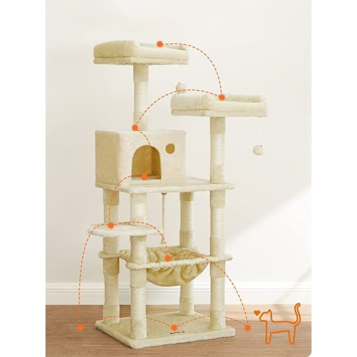 FEANDREA Macskafa, Stabil Macskatorony, 2 Plüss Pihenőhely, 143 cm, Bézs PCT15BE