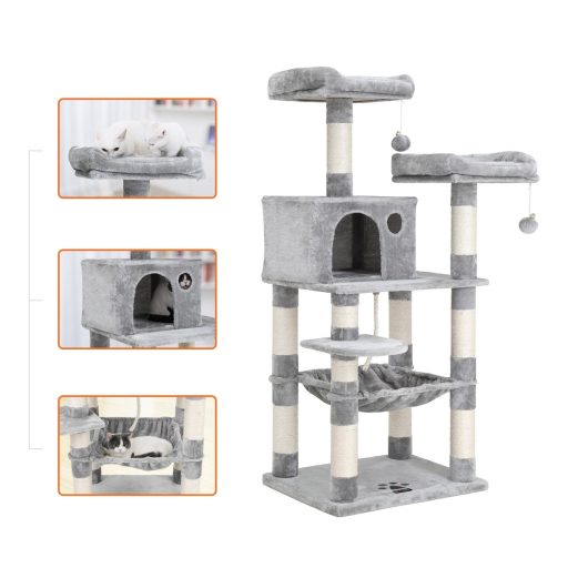 FEANDREA Macskafa, Stabil Macskatorony, 2 Plüss Pihenőhely, 143 cm, Világosszürke PCT15W