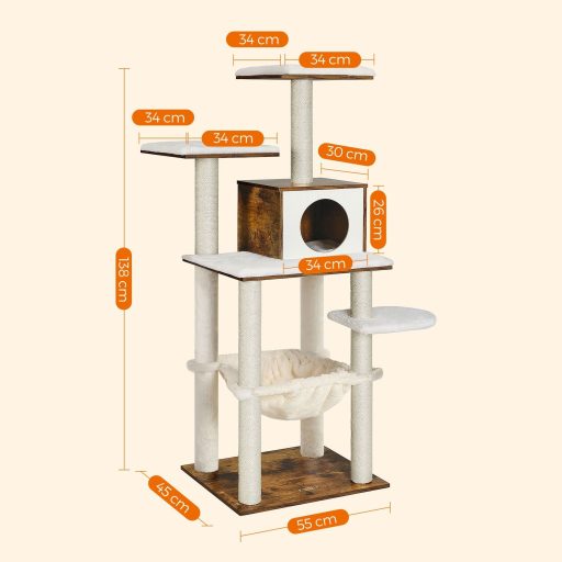 FEANDREA Macskabútor 138 cm Modern Macskabútor Többszintes Kaparófa Kuckóval Sisal Oszlopok