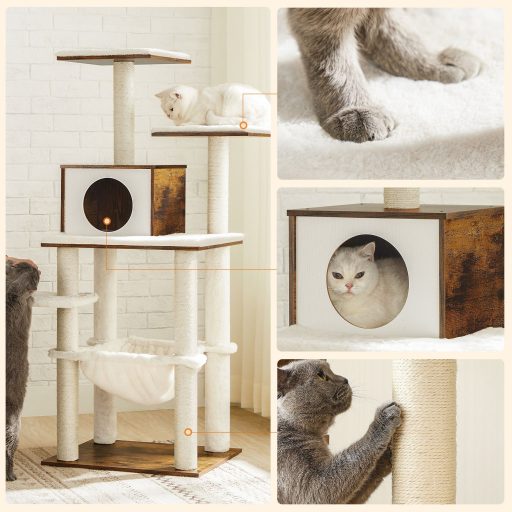FEANDREA Macskabútor 138 cm Modern Macskabútor Többszintes Kaparófa Kuckóval Sisal Oszlopok