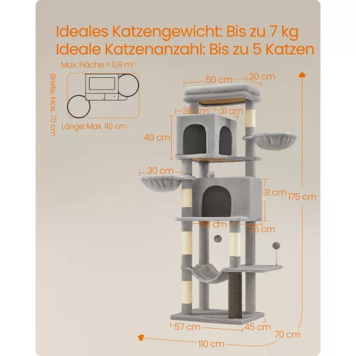 Macska kaparófa, többszintes macskatorony, világosszürke 70x50x175cm