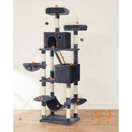 FEANDREA Macskafa, 206 cm magas macskatorony 13 kaparóoszloppal, 1 kaparórámpával, 2