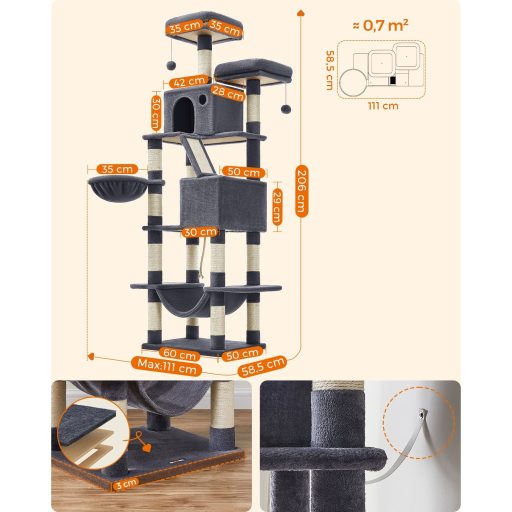 FEANDREA Macskafa, 206 cm magas macskatorony 13 kaparóoszloppal, 1 kaparórámpával, 2
