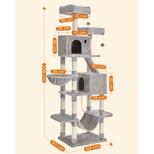 FEANDREA Macskafa, 206 cm nagy macskatorony 13 kaparóoszloppal, 1 kaparórámpával, 2 ülőkével,