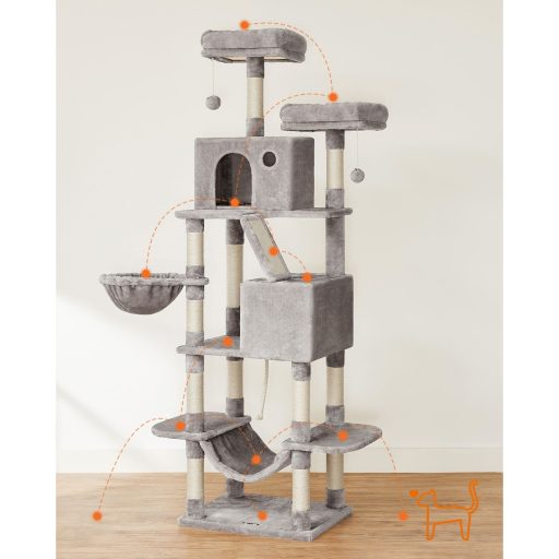 FEANDREA Macskafa, 206 cm nagy macskatorony 13 kaparóoszloppal, 1 kaparórámpával, 2 ülőkével,