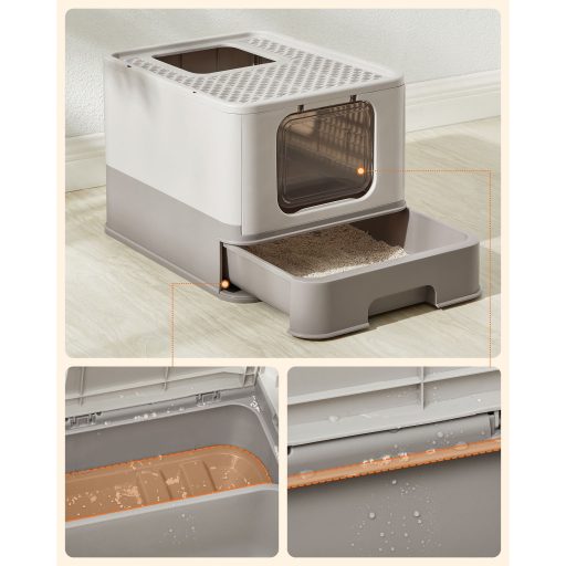 FEANDREA Macskaalom Tálca Fedéllel, 15 kg-ig Terjedő Macskák Számára, Zabpehely Meleg Szürke