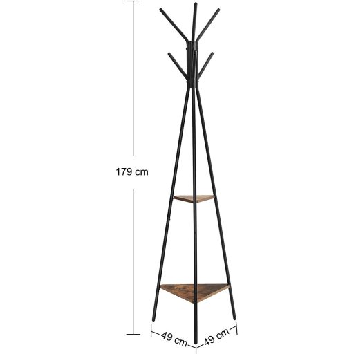 VASAGLE Szabadon álló ruhafogas, kabáttartó állvány, előszobai fogas 2 polccal, ruhákhoz,