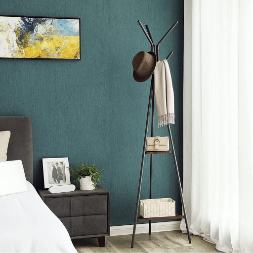 VASAGLE Szabadon álló ruhafogas, kabáttartó állvány, előszobai fogas 2 polccal, ruhákhoz,