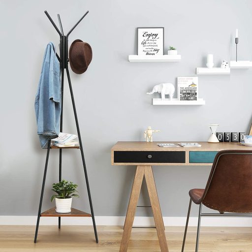 VASAGLE Szabadon álló ruhafogas, kabáttartó állvány, előszobai fogas 2 polccal, ruhákhoz,