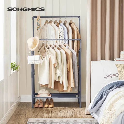 SONGMICS Ruhatartó Állvány, Fém Állvány 2 Akasztórúddal és Tároló Polccal, Max.