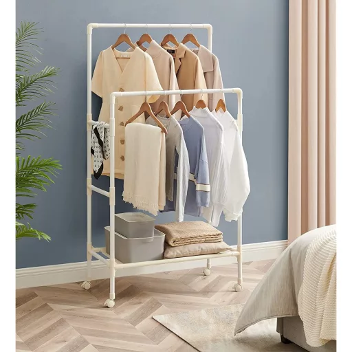 SONGMICS RDR101W02 Fém Ruhatartó Állvány 2 Ruhatartó Sínekkel, 1 Polccal, 4 Kerékkel,
