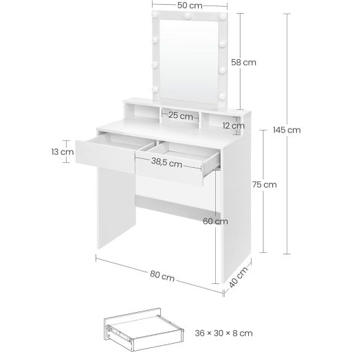VASAGLE RDT114W01 Fésülködőasztal Tükörrel és Izzókkal, Kozmetikai Asztal 2 Fiókkal és 3