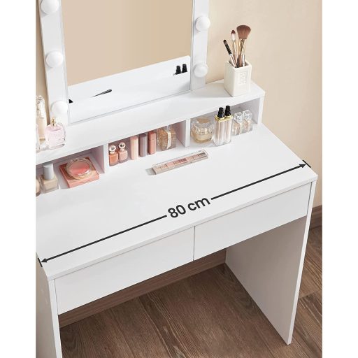 VASAGLE RDT114W01 Fésülködőasztal Tükörrel és Izzókkal, Kozmetikai Asztal 2 Fiókkal és 3