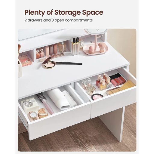 VASAGLE RDT114W01 Fésülködőasztal Tükörrel és Izzókkal, Kozmetikai Asztal 2 Fiókkal és 3
