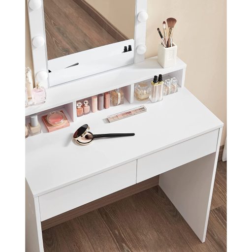 VASAGLE RDT114W01 Fésülködőasztal Tükörrel és Izzókkal, Kozmetikai Asztal 2 Fiókkal és 3